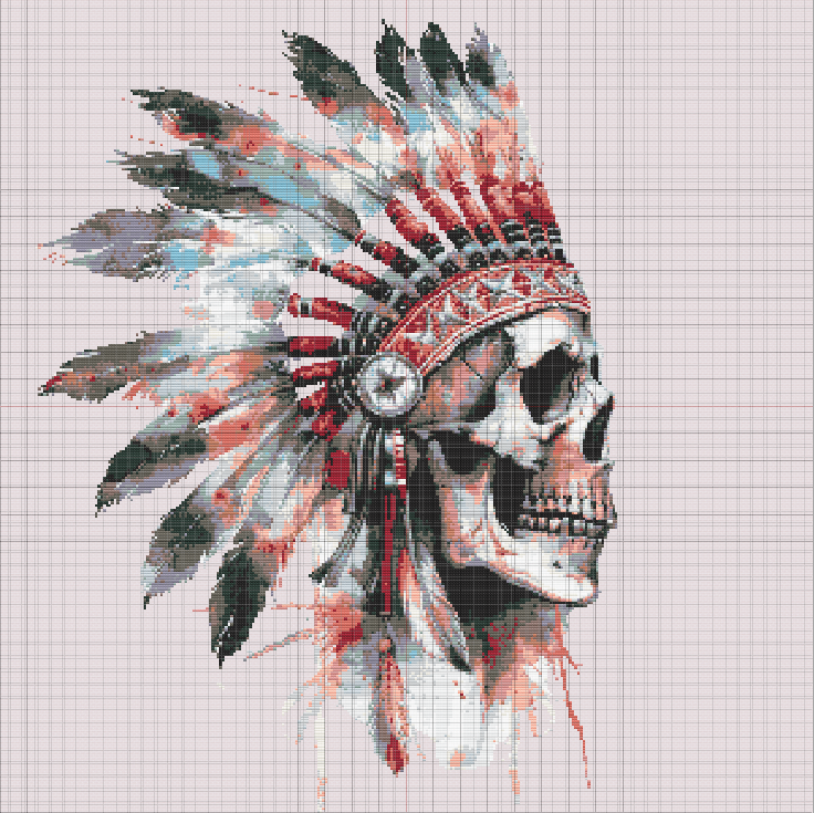 Highly detailed skull cross stitch pattern with tribal feathered headdress in red, black, and dusty blue tones.