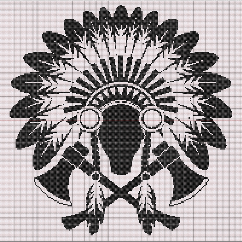 Black-and-white silhouette cross stitch of Native American feathered headdress with crossed tomahawks in symmetrical tribal design.