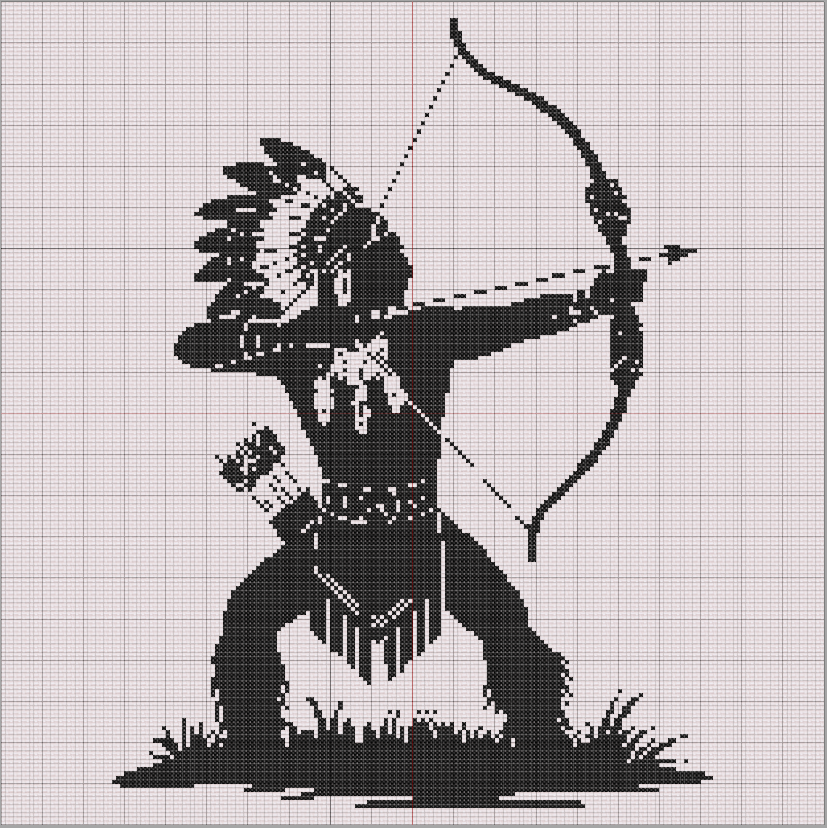 Silhouette cross stitch of Native American warrior with bow drawn, featuring traditional headdress and cultural regalia in black on white background.