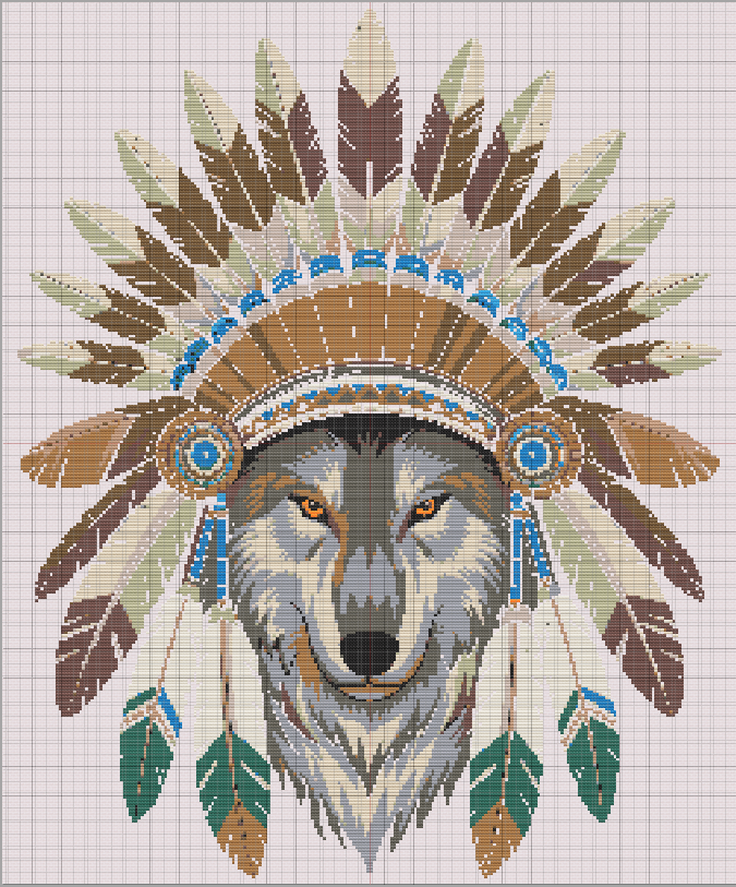 Free cross stitch chart featuring a realistic wolf with a traditional Native American feathered headdress in rich earthy and turquoise tones.