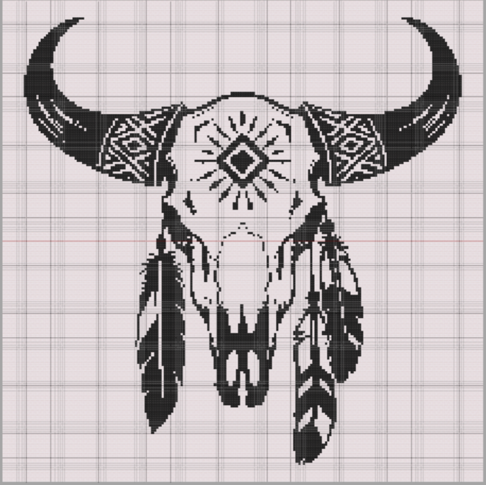 Black and white cross stitch pattern of buffalo skull with feather accents and tribal geometric designs, centered vertically for balanced display.