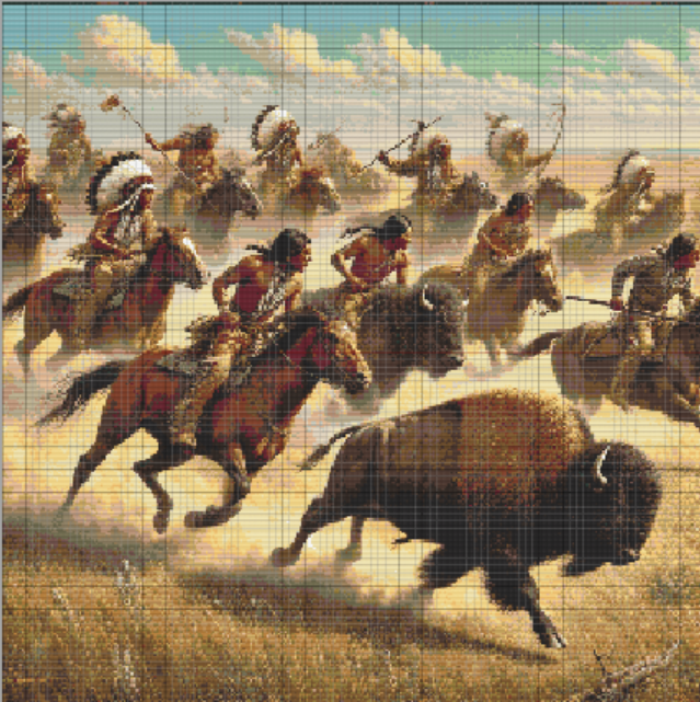 Native American warriors on horseback chasing buffalo across the prairie. Advanced cross stitch pattern with rich color detail and movement.