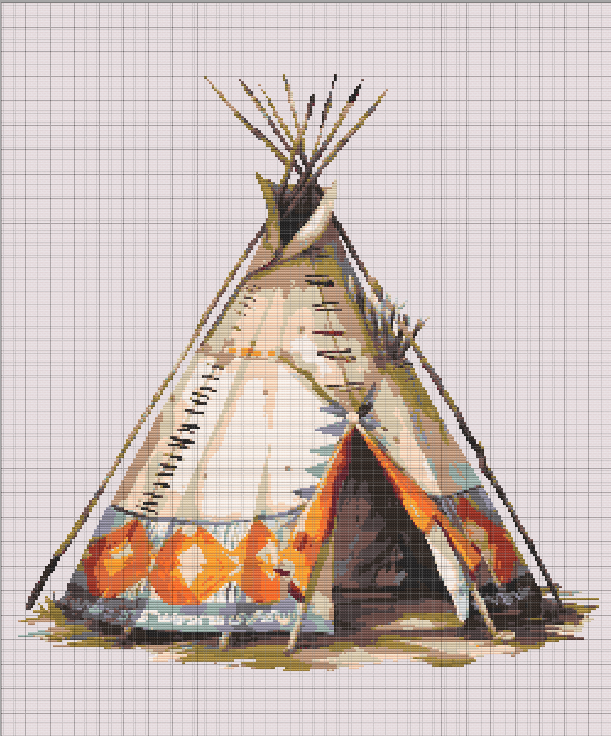 Free cross stitch pattern of a decorated Native American tipi with realistic shading, orange and blue tribal motifs, and wood support poles.