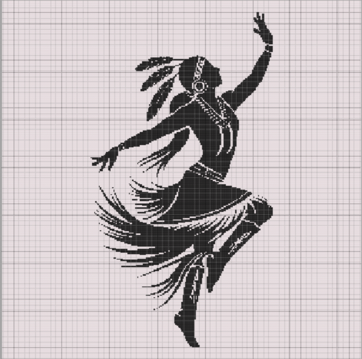 Black silhouette cross stitch design of a Native American woman in ceremonial dress mid-dance, one arm raised and adorned in fringe, feathers, and earrings.