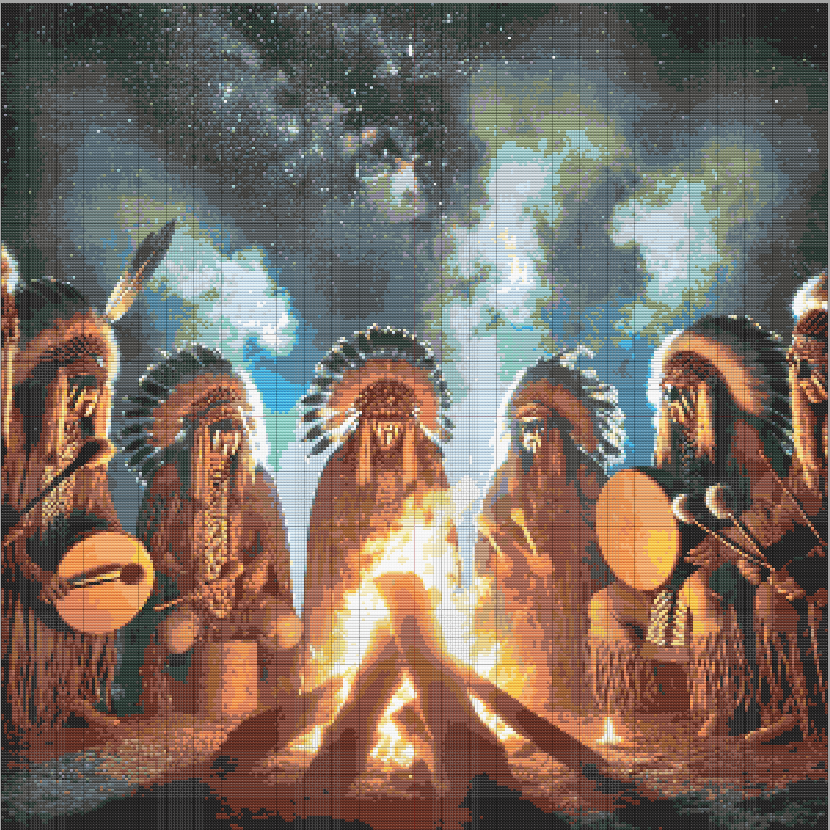 Native American elders in circle around fire under starlit sky in detailed cross stitch silhouette.
