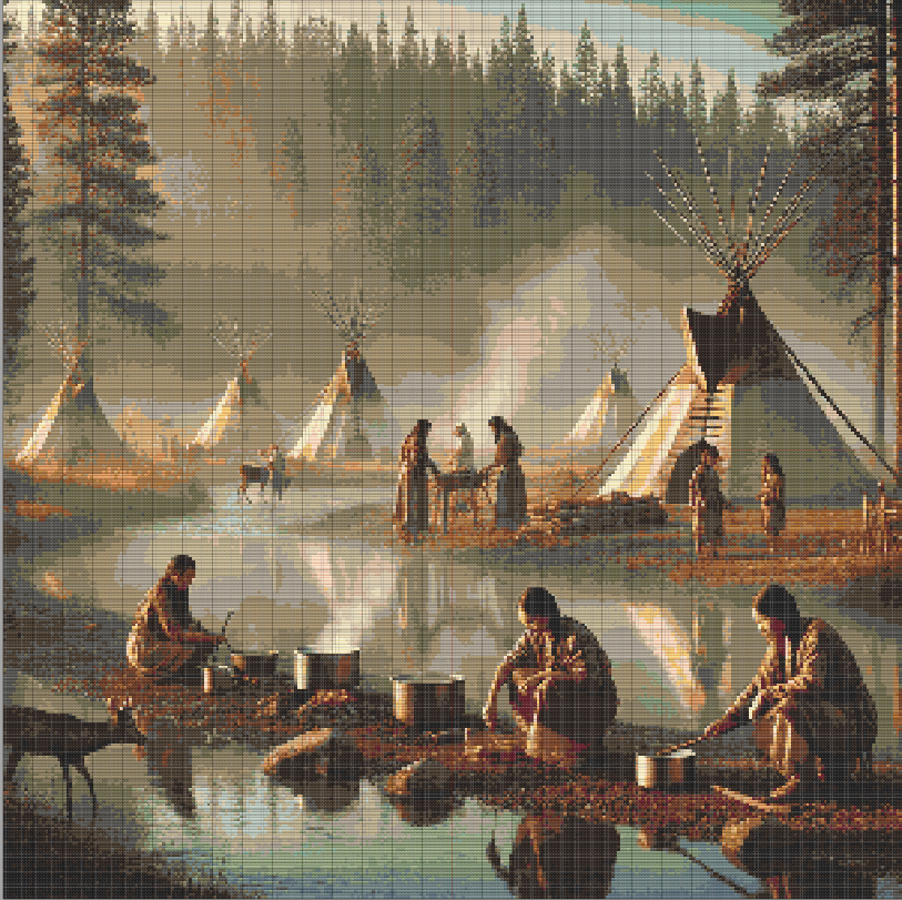 Native American village by a calm lake at dawn. Detailed cross stitch pattern with figures, smoke, tipis, pine trees, and reflections.