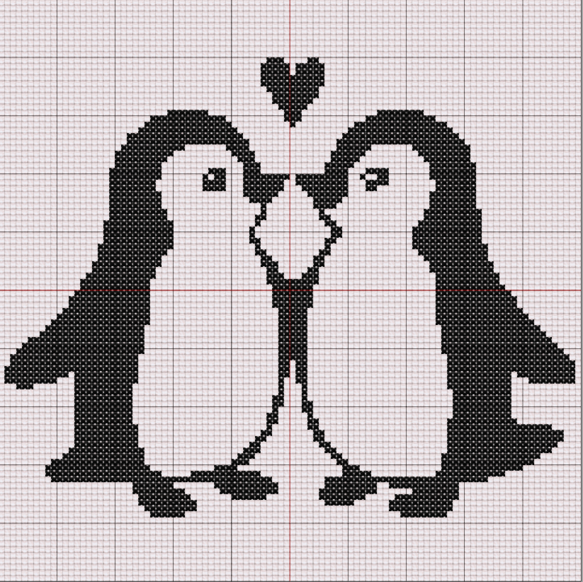 Silhouette of two penguins facing each other with beaks touching, forming a heart. Stitched in black on white background. 100 x 100 stitches.