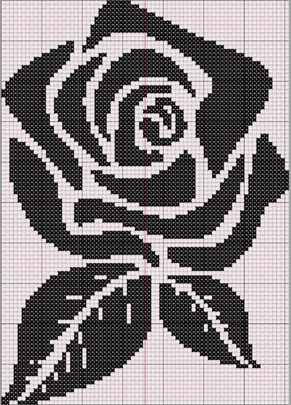 Black silhouette of a blooming rose with two detailed leaves stitched on white Aida cloth. 71 x 100 stitches.