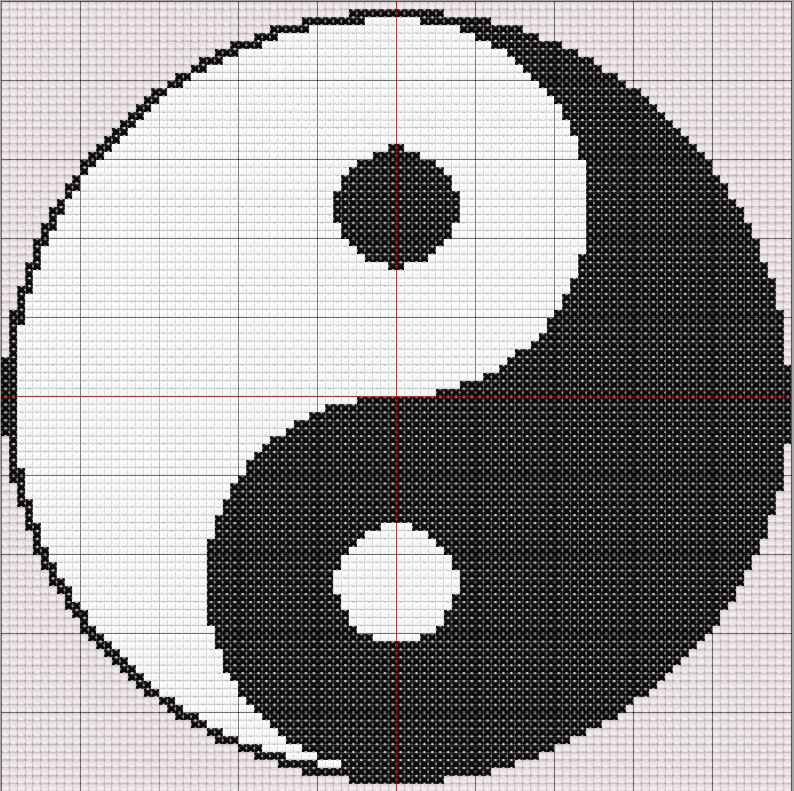 Free cross stitch pattern of a black-and-white Yin Yang symbol with clean, minimalistic design and philosophical symbolism.
