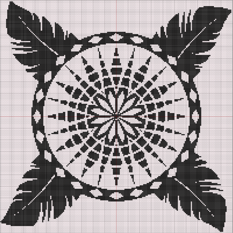 Geometric mandala cross stitch with tribal flair and four feathers extending from each quadrant in bold black thread on neutral fabric