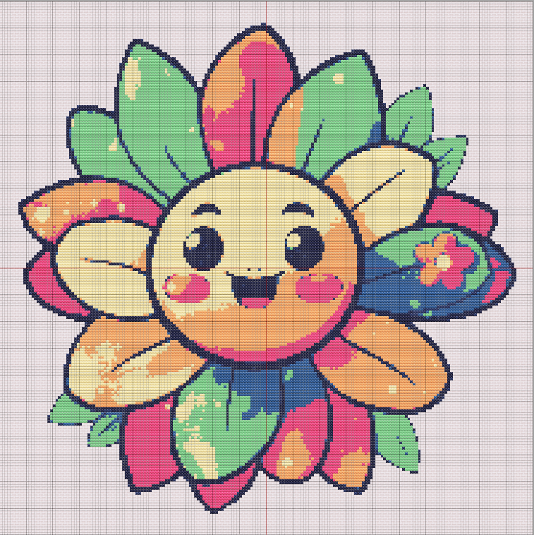Cross stitch pattern of a smiling flower with multicolored petals and cartoon expression; outlined in navy on white fabric.