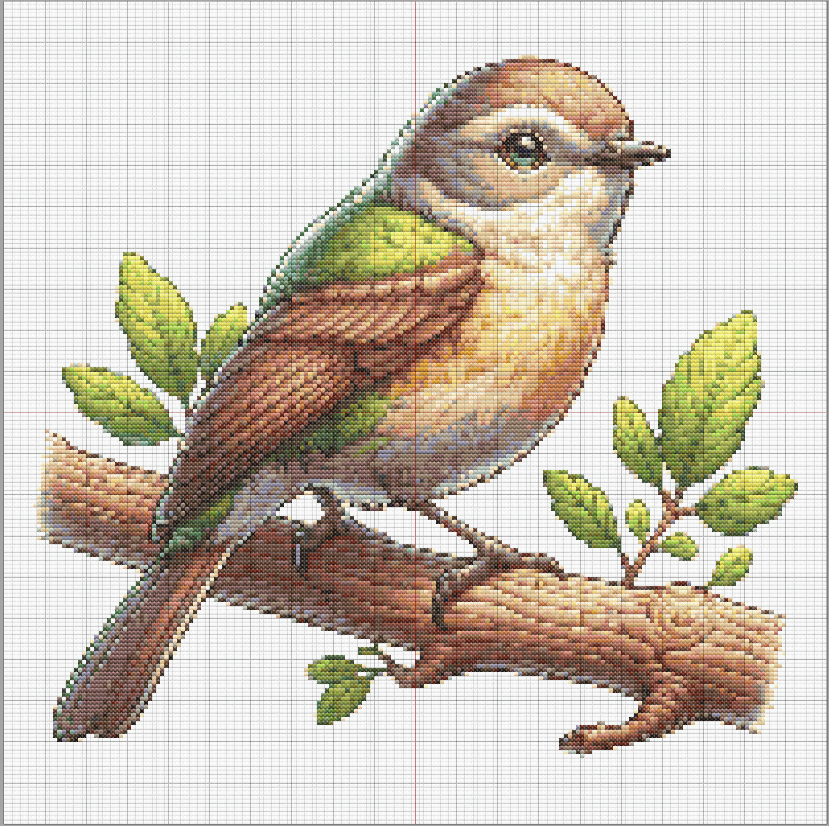 Detailed cross stitch image of a bird perched on a branch with green leaves, shaded in natural tones. Free pattern for intermediate to advanced stitchers.