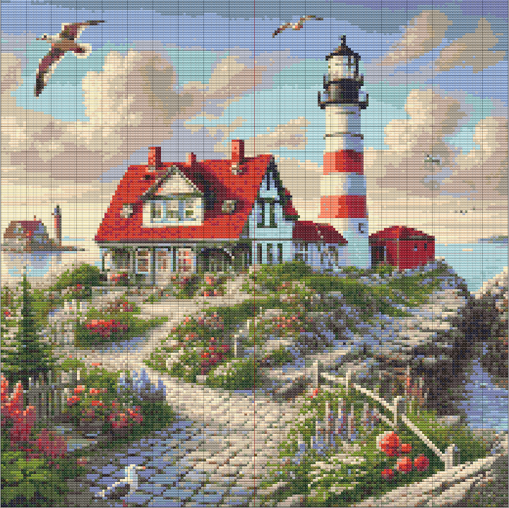 Scenic cross stitch of a red-roofed cottage and striped lighthouse with garden path, sea horizon, pastel sky, and seagulls.