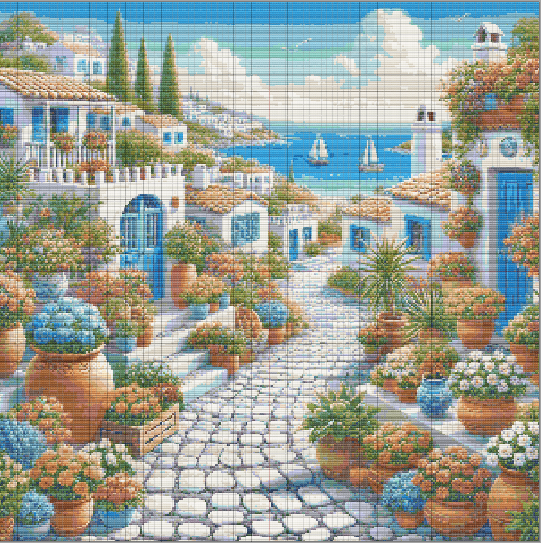 Mediterranean cross stitch scene with white houses, blue shutters, flowerpots, sailboats on turquoise sea, and summer sky.