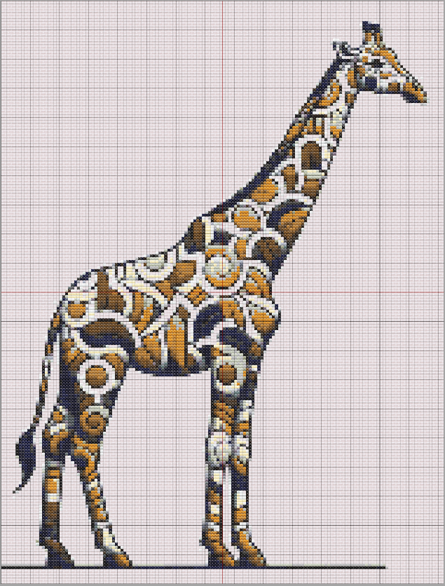 Stylized giraffe cross stitch design filled with geometric motifs in earthy tones, combining wildlife elegance and modern abstract art.
