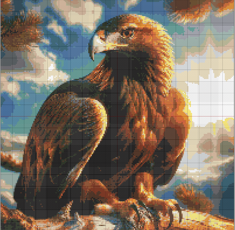 Cross stitch design of a majestic golden eagle perched on a branch, illuminated by sunlight with detailed feathers and dramatic sky.