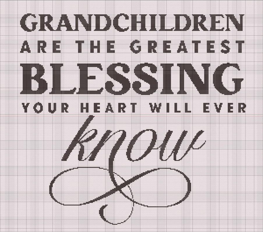 Black and white cross stitch pattern featuring a typographic quote about grandchildren, combining bold serif and script lettering.