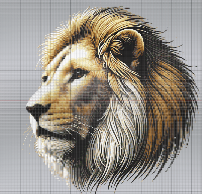 Highly detailed cross stitch pattern of a lion’s side profile, with flowing mane and realistic shading in gold, beige, and charcoal tones.