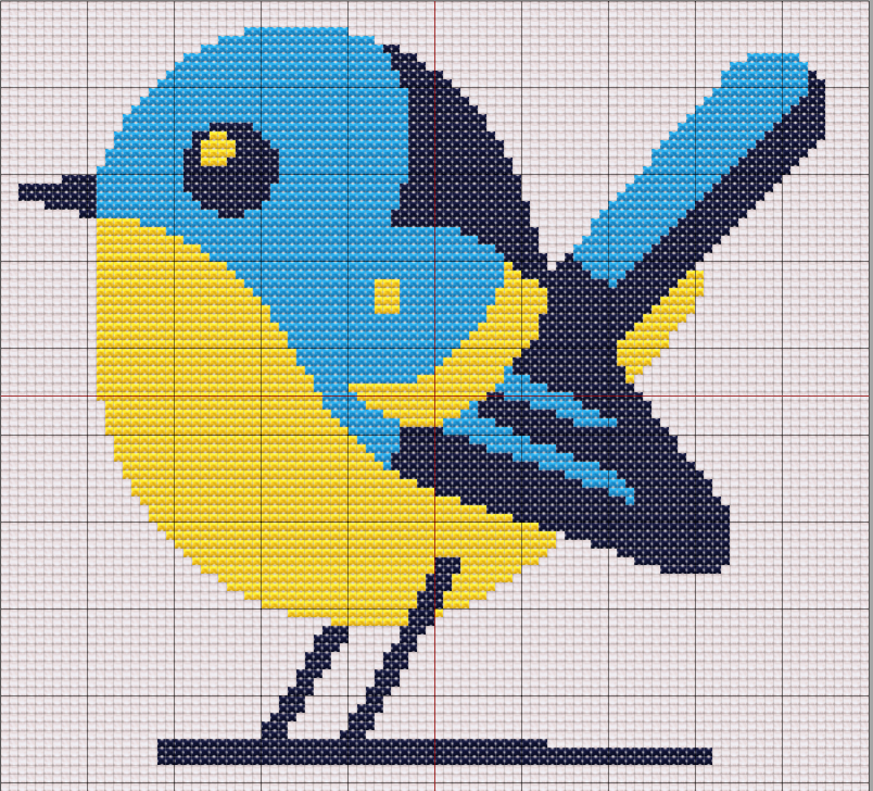 Free cross stitch design of a stylized bird in blue, yellow, and navy. Modern and minimal, with simple geometric shapes and bright spring colors.