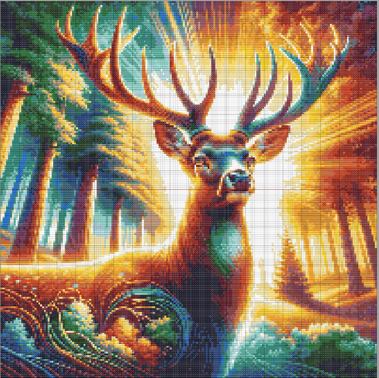 Highly detailed free cross stitch pattern of a deer with glowing antlers in a colorful enchanted forest, surrounded by light beams and stylized trees.