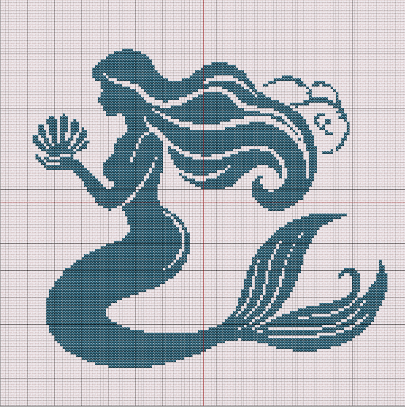Free cross stitch pattern showing a graceful mermaid holding a seashell, stitched in a single turquoise shade with flowing hair and flared tail.