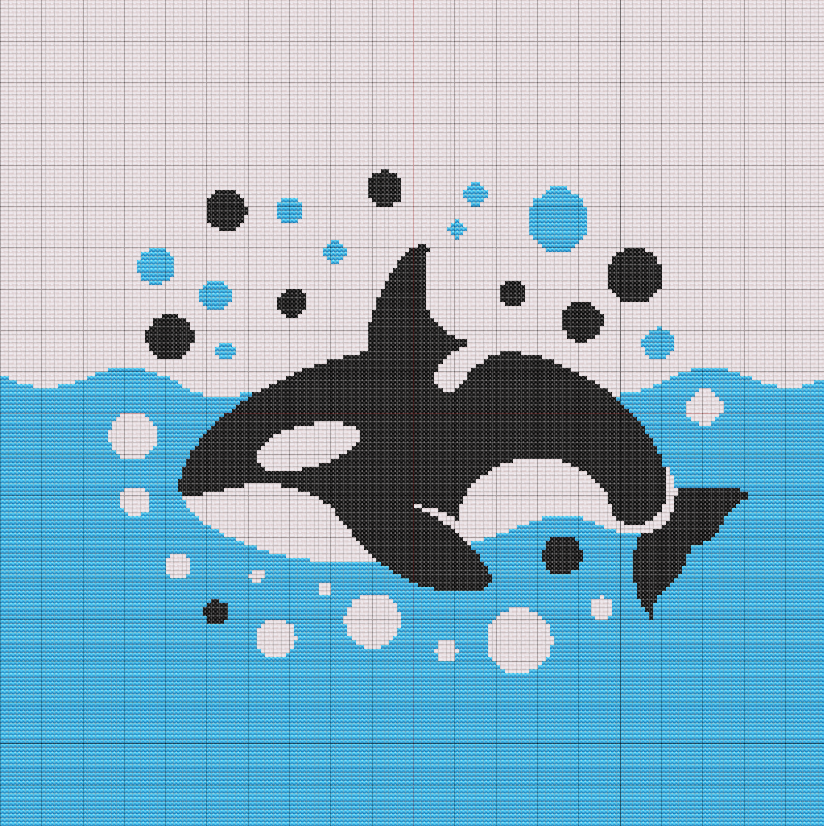 Free cross stitch pattern showing an orca whale mid-leap surrounded by turquoise bubbles, stitched in black, white, and vibrant sea tones.