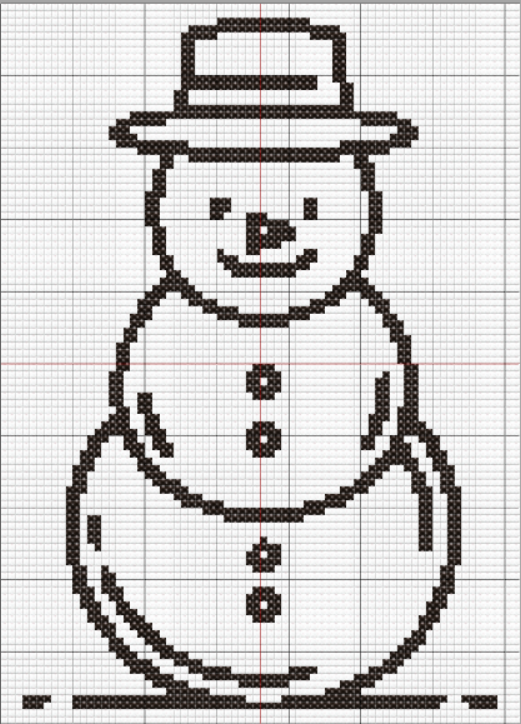 Monochrome snowman cross stitch pattern with top hat and carrot nose, designed with clean outlines and minimal detailing.