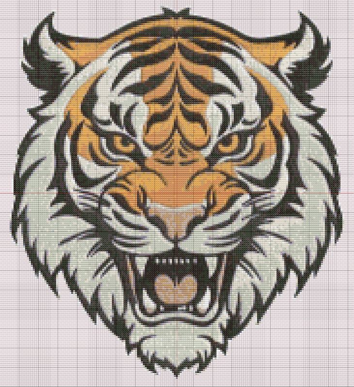 Detailed monochrome and orange cross stitch pattern of a roaring tiger head with open mouth and intense gaze.