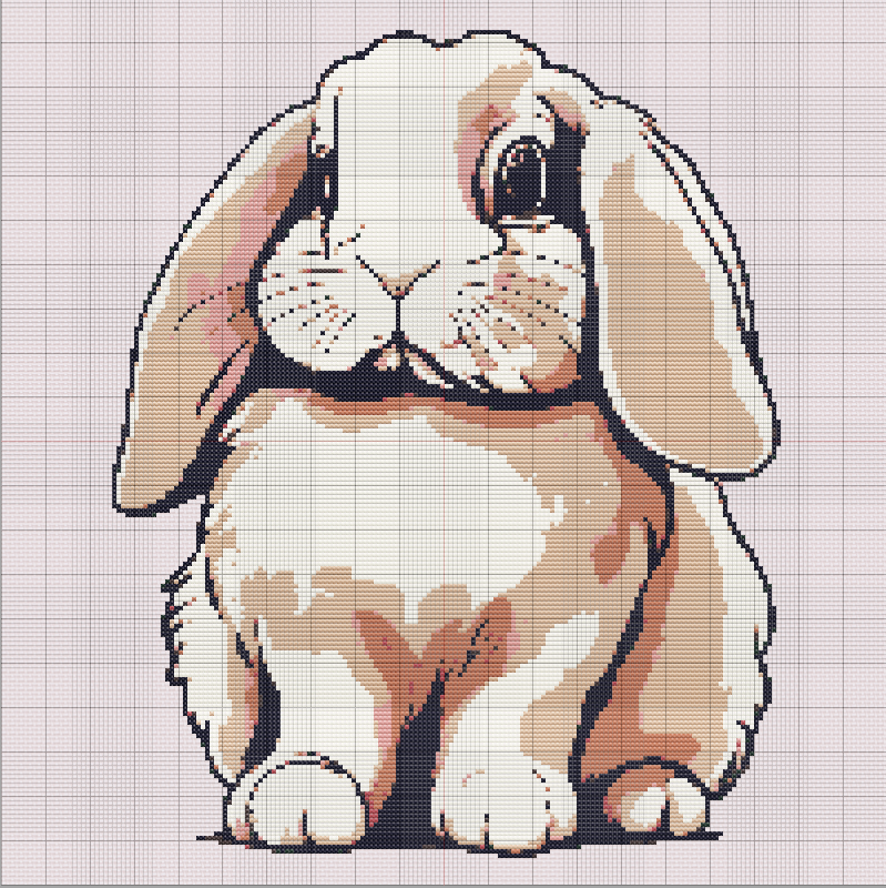 A soft and fluffy long-eared bunny cross stitch pattern with gentle eyes and light beige fur, perfect for spring or nursery projects.