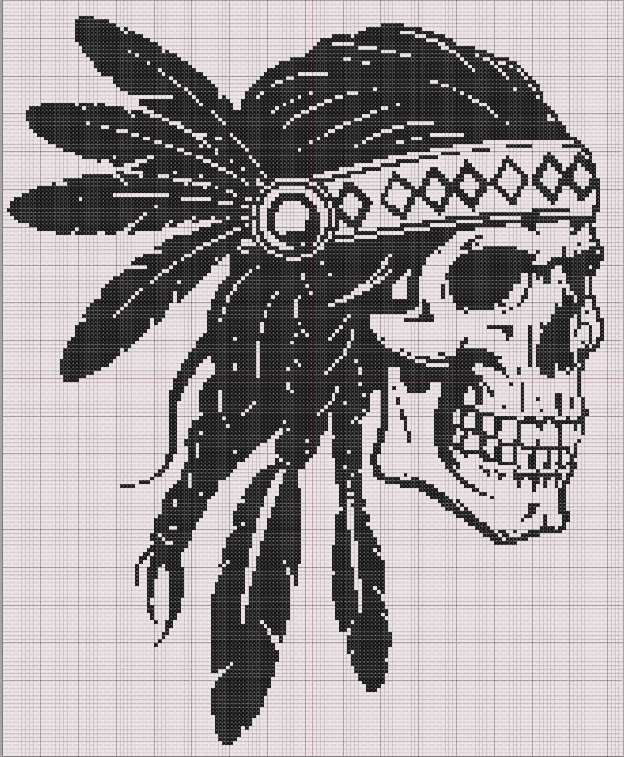 Black and white cross stitch design of a skull wearing a Native American-style feathered headdress, rendered in sharp detail with geometric accents.