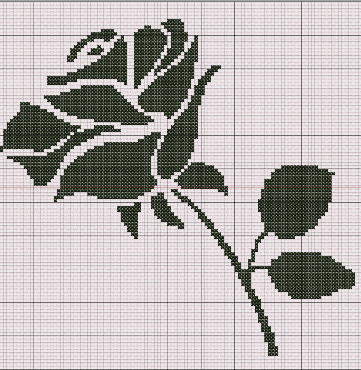 Black silhouette of a blooming rose with a curved stem and three leaves, designed in cross stitch format.
