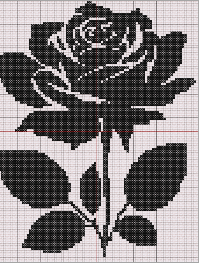 Black-and-white cross stitch pattern of a blooming rose with a vertical stem and detailed leaves, rendered in silhouette style.