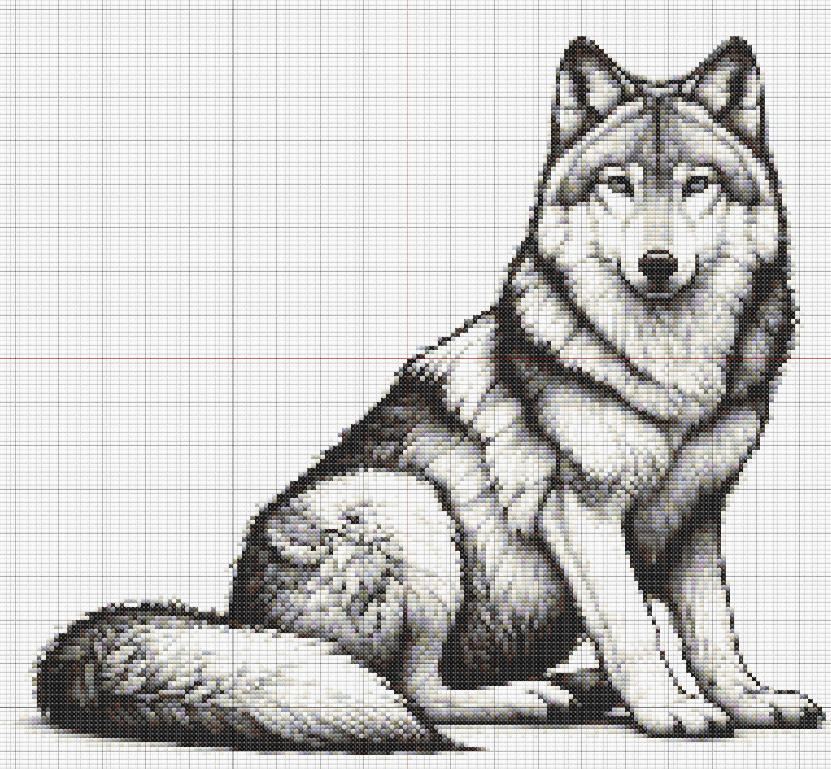 Free cross stitch pattern of a sitting wolf in grayscale tones, with detailed fur shading and a strong, peaceful posture.