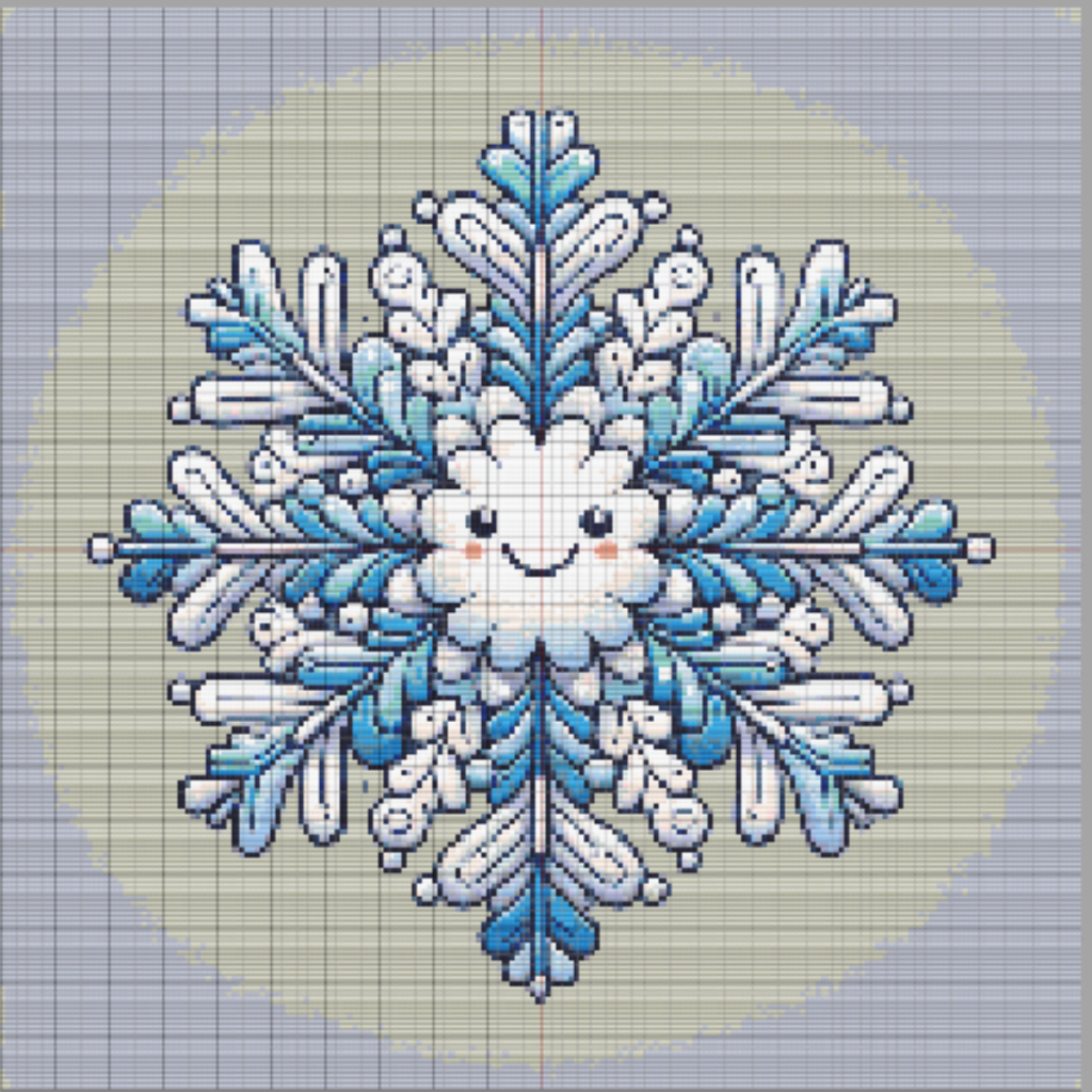 Smiling cartoon snowflake in pastel blues and whites, outlined in navy, centered on a soft blue-gray circular background.