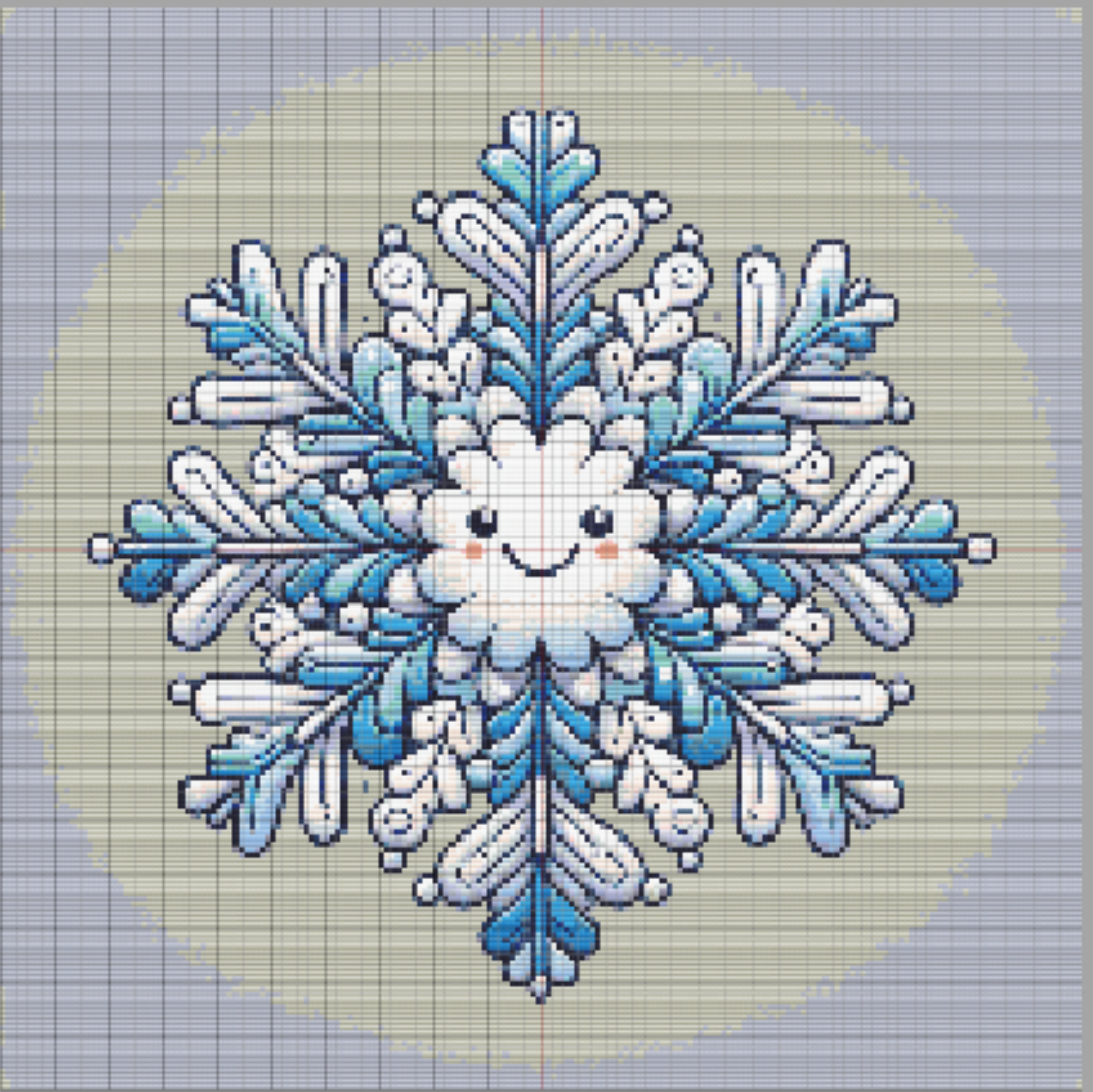 Smiling cartoon snowflake in pastel blues and whites, outlined in navy, centered on a soft blue-gray circular background.