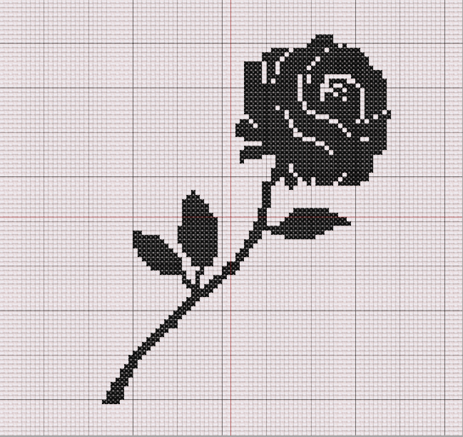 Stylized silhouette of a blooming rose on a long stem, stitched in black on white background with curved petals and leaves.