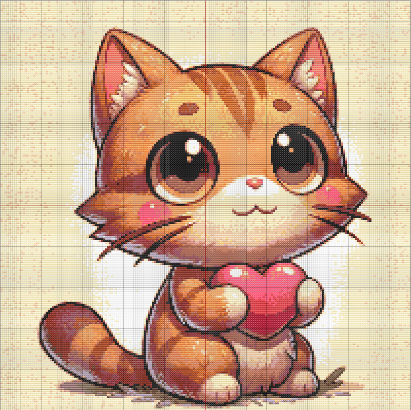 Adorable cross stitch pattern of cartoon kitten holding a pink heart, with kawaii details and soft beige background.