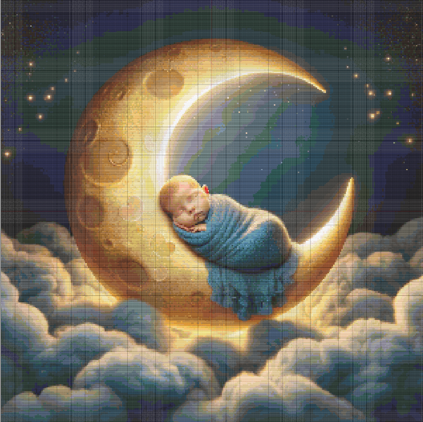 Peaceful baby on a glowing crescent moon cross stitch pattern with dreamy clouds and starry sky. Celestial nursery theme.