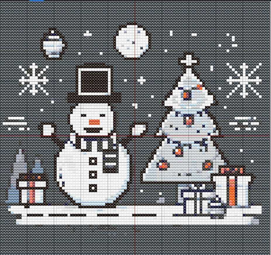 Modern cross stitch design of cheerful snowman, pixelated Christmas tree, and snowy background with ornaments.