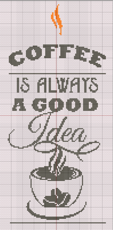 Monochrome cross stitch pattern with coffee quote, stylized fonts, orange steam, and coffee cup illustration. Ideal for kitchens or gifts.