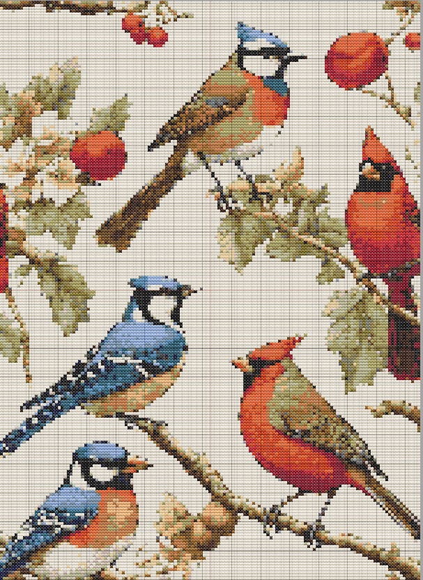 Free Cross Stitch Pattern Birds on flowering branches in a natural scene; cardinals, blue jays, berries, leaves, and soft cream background.
