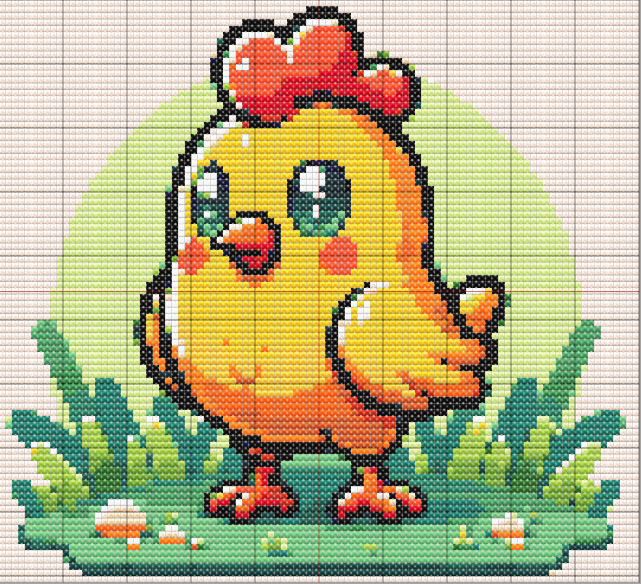 Free Cross Stitch Pattern Yellow Chick - Cartoon-style yellow chick with orange feet and red comb, standing in grass, framed by pastel green circle. Big anime-style eyes.