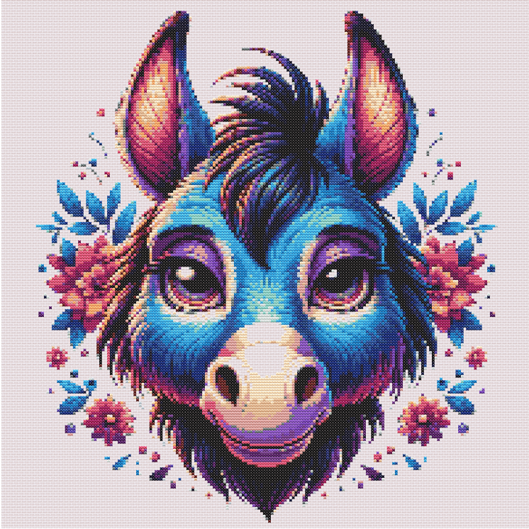 Free Cross Stitch Pattern Donkey. Colorful cartoon donkey with violet and blue fur, smiling inside floral wreath of pink, red, and teal flowers.