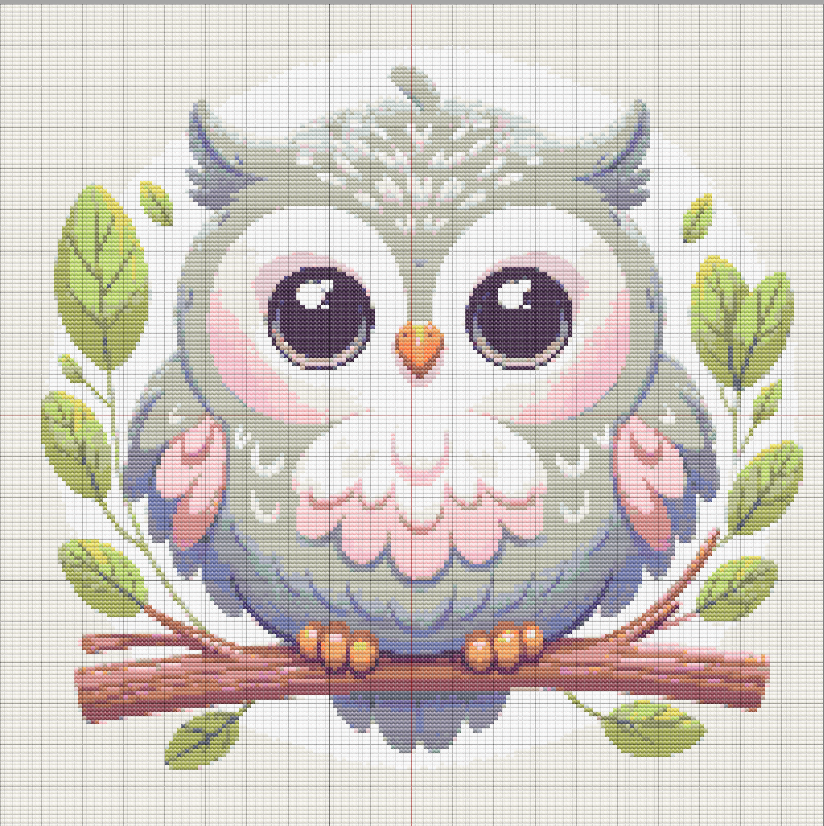 Cartoon owl with large eyes and pastel feathers perched on leafy green branch. Soft colors, nature background, playful and cute.