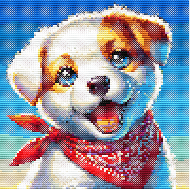 Free Cross Stitch Pattern Smiling Puppy - Happy puppy cross stitch pattern with open mouth, red bandana, sparkling blue eyes, and a sunny blue-to-beige background.