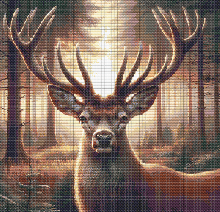 Deer in Forest Free Cross Stitch Pattern - Realistic free cross stitch pattern showing a majestic deer with antlers in a golden forest background.