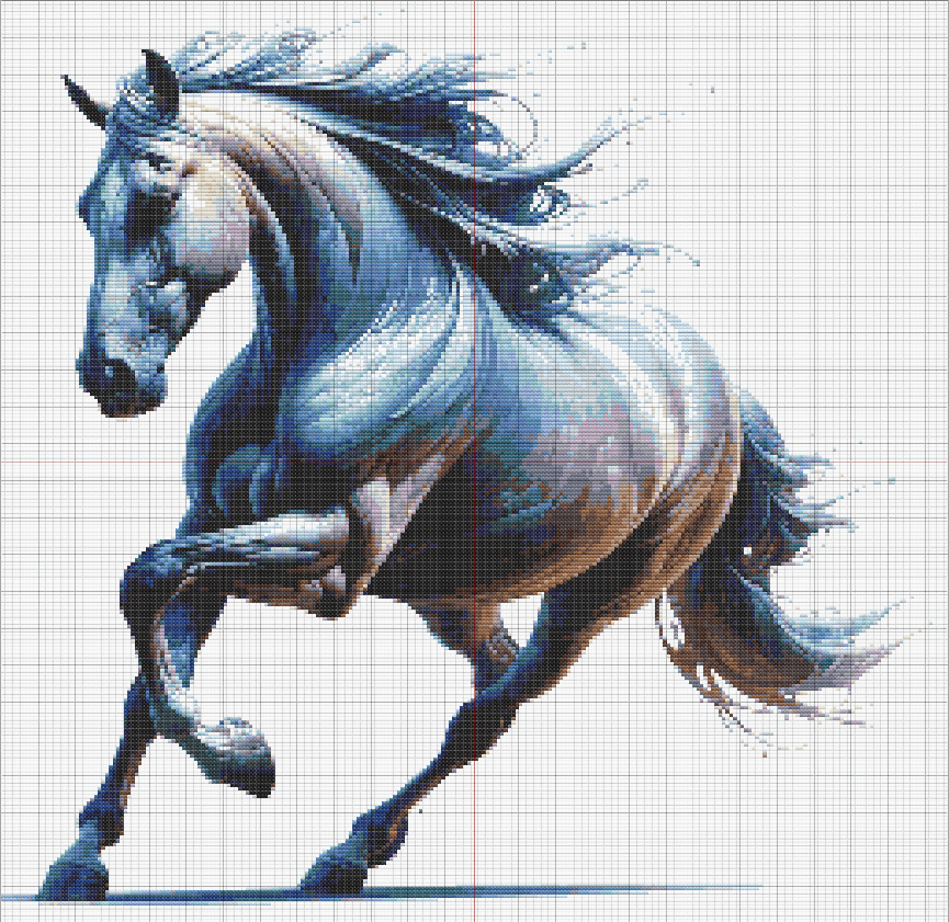 Horse Free Cross Stitch Pattern - Detailed cross stitch pattern of a galloping horse with flowing mane, icy blues, and realistic shading.