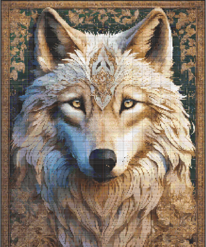 Wolf Free Cross Stitch Pattern - Highly detailed cross stitch wolf portrait with tribal forehead design and golden foliage on a dark green background.