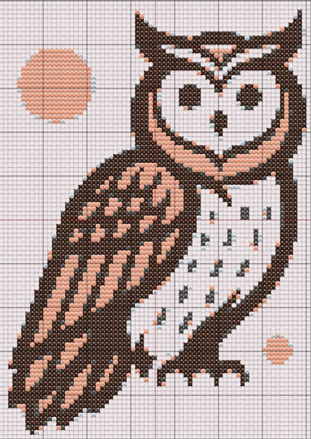 Free Cross Stitch Pattern Owl - Stylized modern owl cross stitch pattern in peach and brown, featuring bold eyes, geometric feathers, and abstract background details.