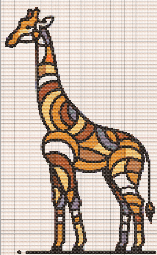 Free Cross Stitch Pattern Giraffe - Abstract giraffe cross stitch pattern in stained-glass style with earthy tones like rust, ochre, amber, and black outlines on neutral fabric.